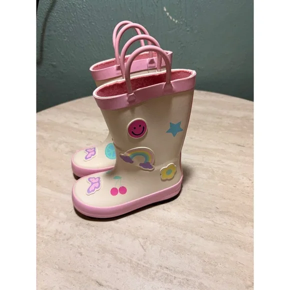 Cat & Jack Toddler Girls Pink Cream Rain Boots Rainbow Smiley Pull On Size 7 NEW
