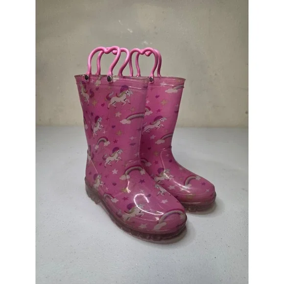 Kids Pink Unicorn Rainbow Light Up Rain Boots Heart Handles Size 13
