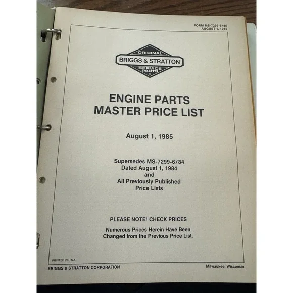1986 Briggs And Stratton Engine Parts Price List And‎ 1985 Updates