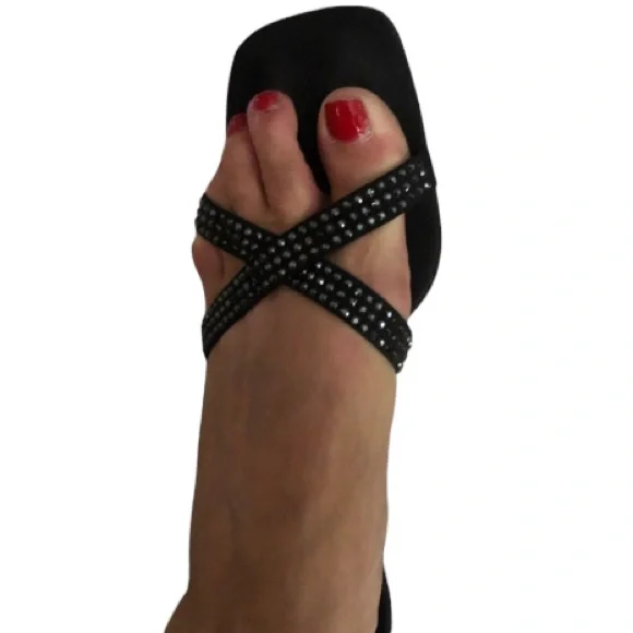 St. John size 10 black satin open toe kitten embellished with Swarovski crystals