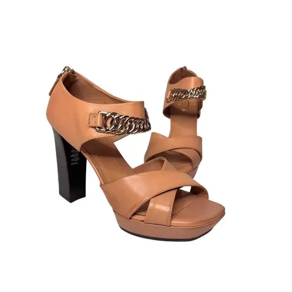 Tod’s Tan, Nude Leather Gold Chain Link Platform Heeled Sandals 39