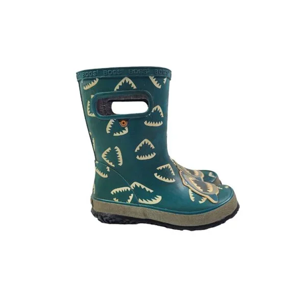 Bogs‎ Girl's Green Animal Shark Rubber Handle Mid-Calf Rain Boots Size 12