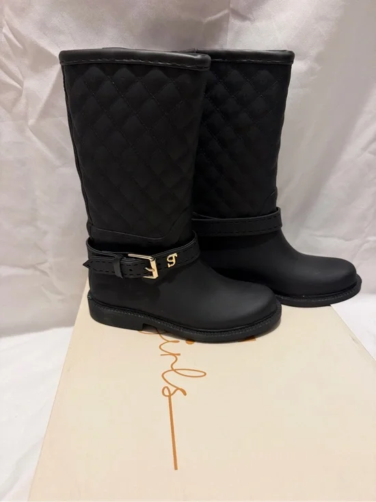 Girls Black Quilted Rain Boots Size 10 Toddler Buckle - Supertrash