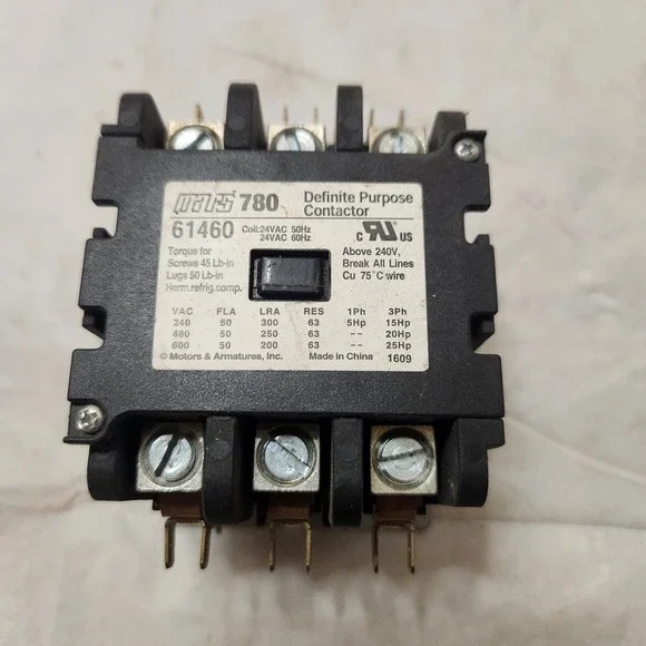 Mars 780 61460 Definite Purpose Contactor 50A 600 Volt 3 Pole Coil 24VAC 50/60Hz