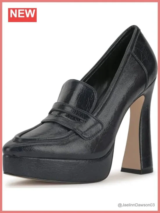 Faux Leather Platform Loafer Pumps Block Heel Almond Toe