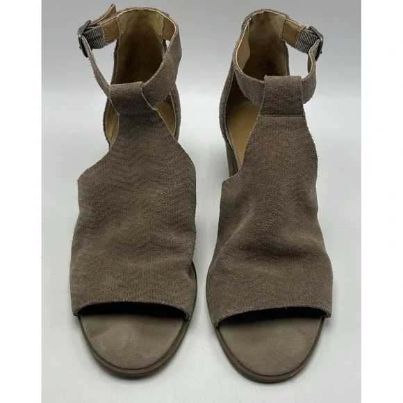 Lucky Brand Sandals Womens 9 M Tan Suede Cutout Open Toe Block Heels Beige