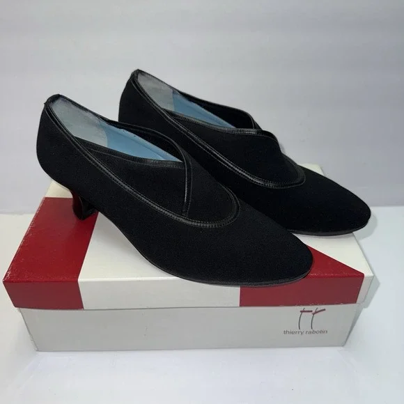 Thierry Rabotin 6 Remy black microfiber/suede slip-on pumps Leather Trim w/ Heel
