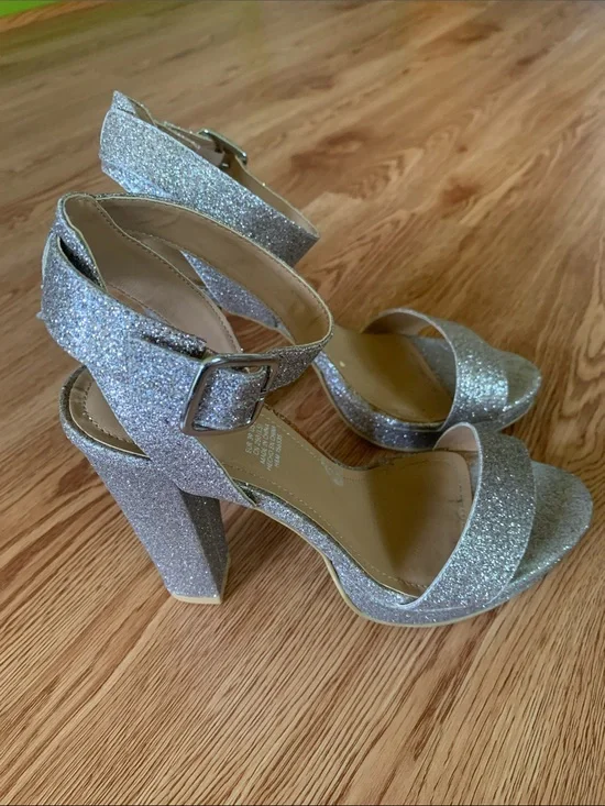 H&M Silver Glitter Block Heel Sandals with Ankle Strap