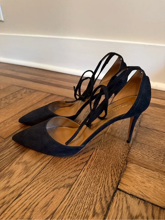 Aquazzura Black Suede Pointed-Toe d’Orsay Stiletto Heels with Ankle Tie