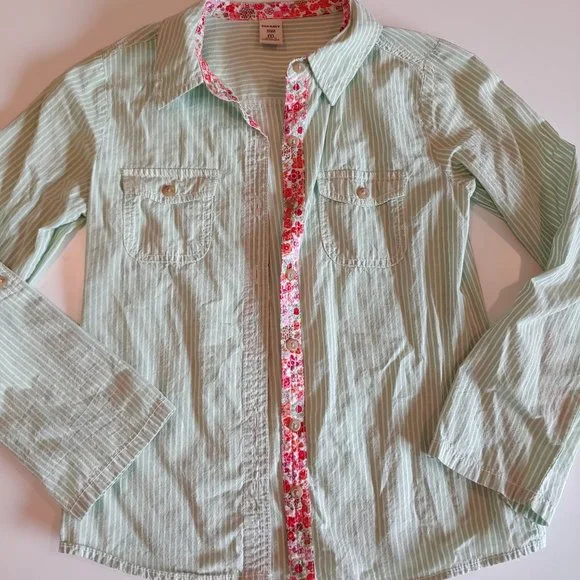 Old Navy | Light Green Oxford Stripe Shirt with Floral Trim Casual Button | M