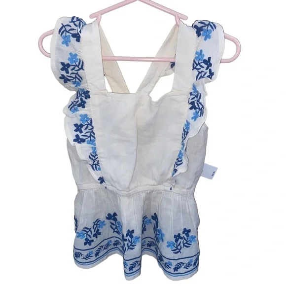 Old Navy Girls Embroidered Ruffle Top White Blue Size S 6/7 NWT