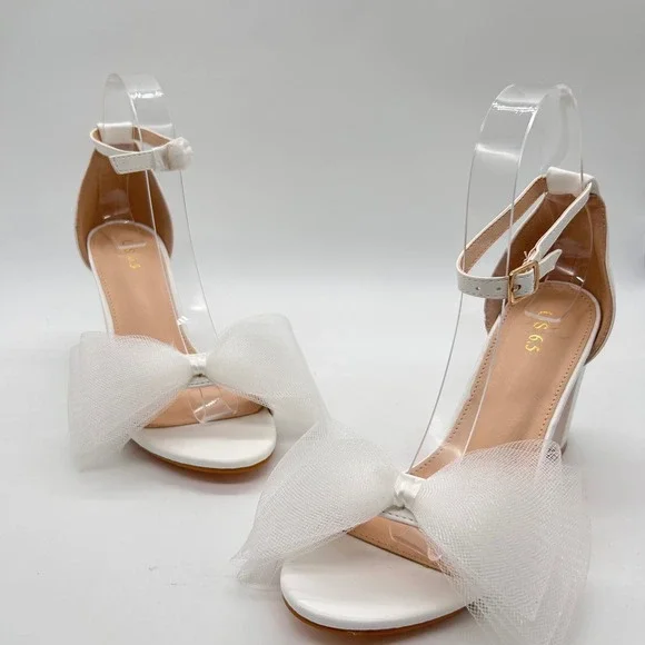 Allegra K Sandal Heels Womens 6.5 White Bow Ankle Strap Block Heel Party Wedding