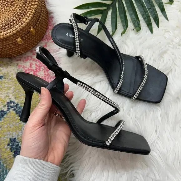 & Other Stories Strappy Heel Heeled Sandal 40 / 9 Black Rhinestone Square Toe