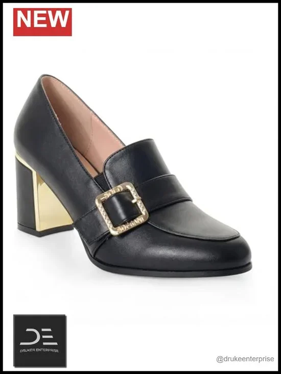 Chunky Block Heel Pumps for Women - Faux Leather Pull-On Closed Toe Heeled