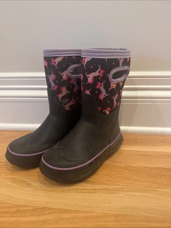 Bogs Size 1 Kids Black & Purple Unicorn Rain Boots