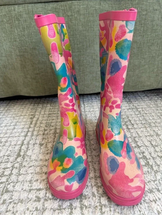 Magellan Womens Size 5B Pink Floral Tall Rain Boots Rubber Waterproof