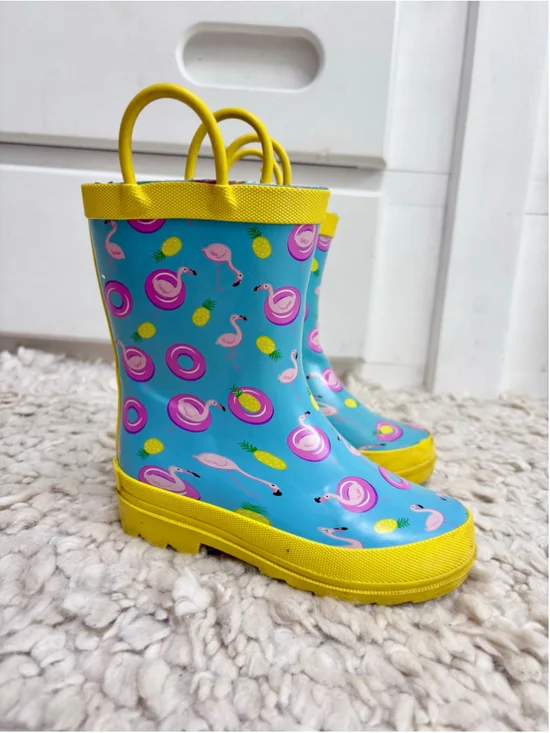 Girls Lily & Dan Flamingo Rain Boots Size 9 10 Toddler Blue Yellow