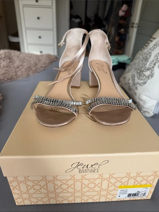 Jewel Badgley Mischka Blush champagne Satin Block-Heel Sandals with Crystal Band