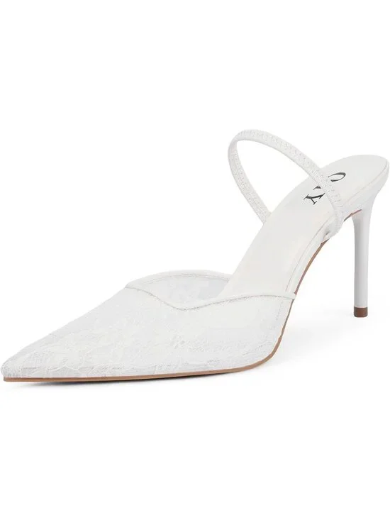 Women's White Lace Pointed Toe Slingback Stiletto Pumps Slip On Heel Mule Shoes