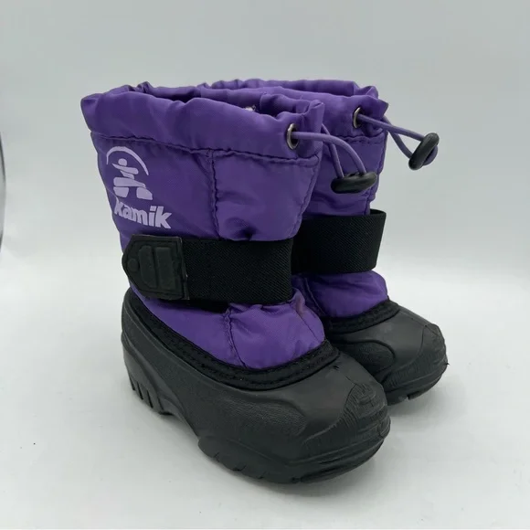 Kamik Toddler Girl's Size 5 Purple Black Winter Lined Snow Boots Slip On‎ EUC