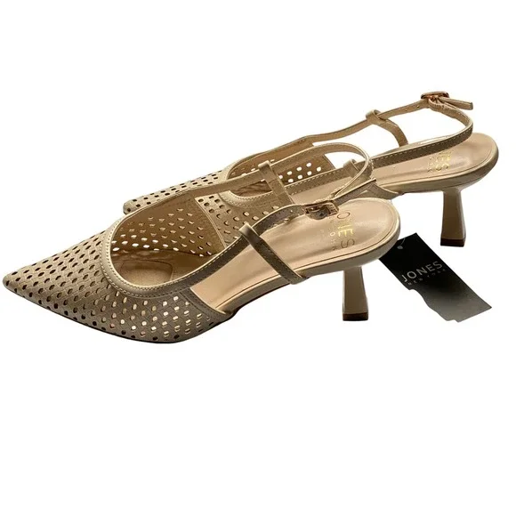 Jones New York Women Cream Perforated Pointed Toe Slingback Kitten‎ Heels NWOB