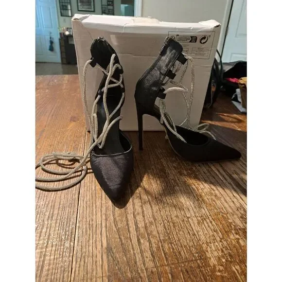 Black Rhinestone Lace-Up Stiletto Heels Rear Zip Satin Look Size 39 Sz 8–8.5