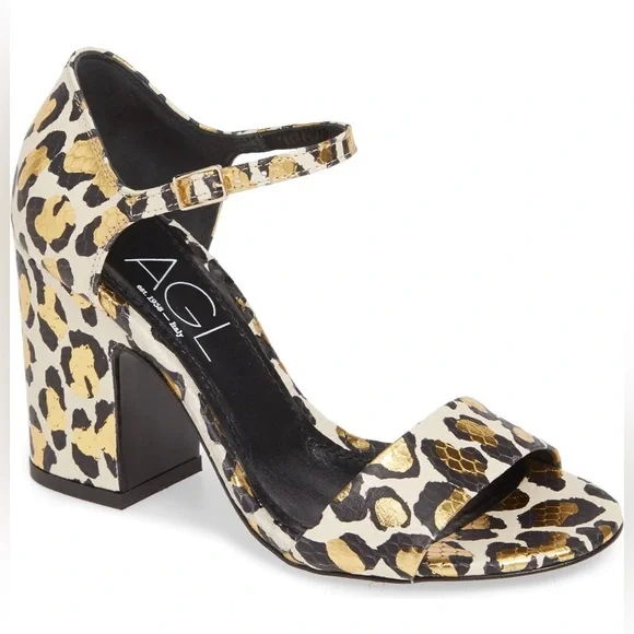 AGL‎ Attilio Giusti Leombruni  Snake Embossed Leopard Print Sandal Heel.