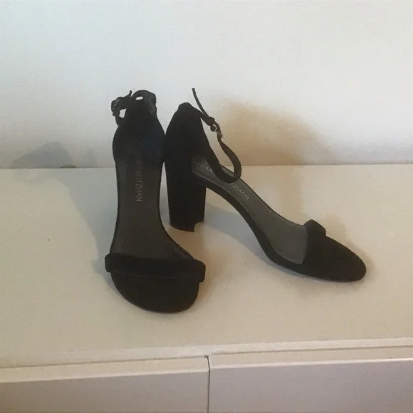 Stuart Weitzman Black Suede Leather Nearlynude Nudist‎ 3” Block Heels Shoes 7.5