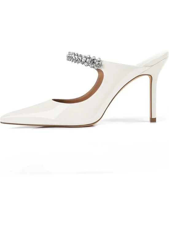 Women's White Rhinestone Heels Pointed Toe Slip On 4