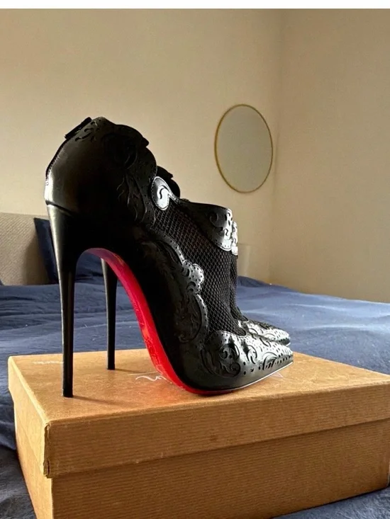 Christian Louboutin Black Embossed Mesh Ankle Heels with Signature Red Sole
