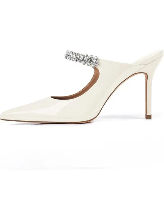 Women's Beige Rhinestone Heels Pointed Toe Slip On 4