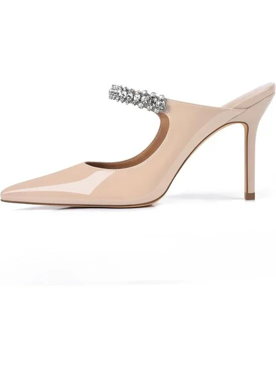 Women's Nude Rhinestone Heels Pointed Toe Slip On 4