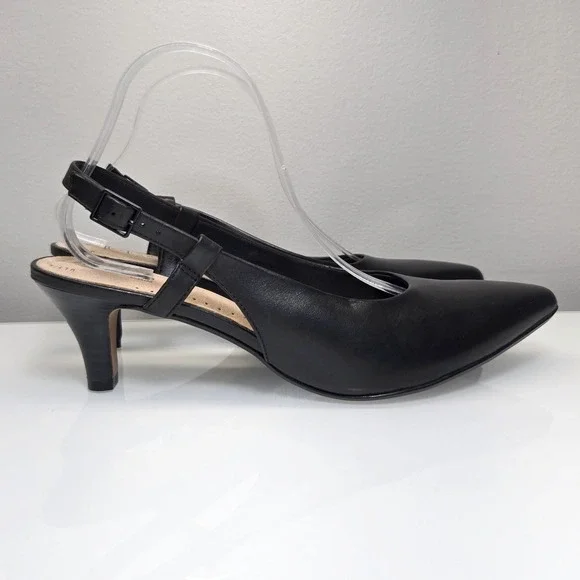 Clarks Linvale Loop Slingback Kitten Heels 11.5M‎ Black Leather Comfort Office