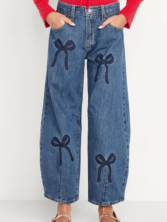 Old Navy Blue Wide-Leg Jeans with Embroidered Bow Appliqués