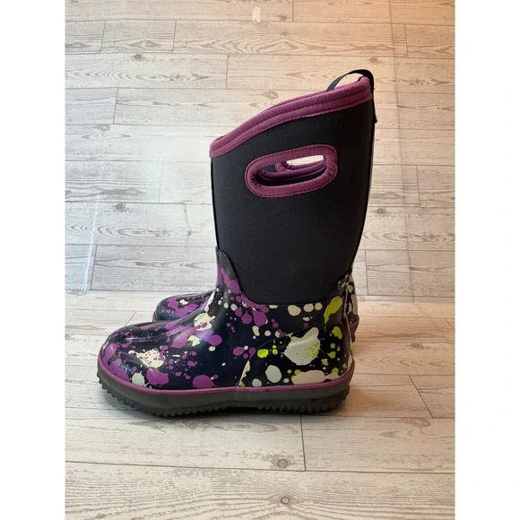 DSG Kids Size 2 Purple Paint Splatter Waterproof Rain Boots Pull On Outdoor