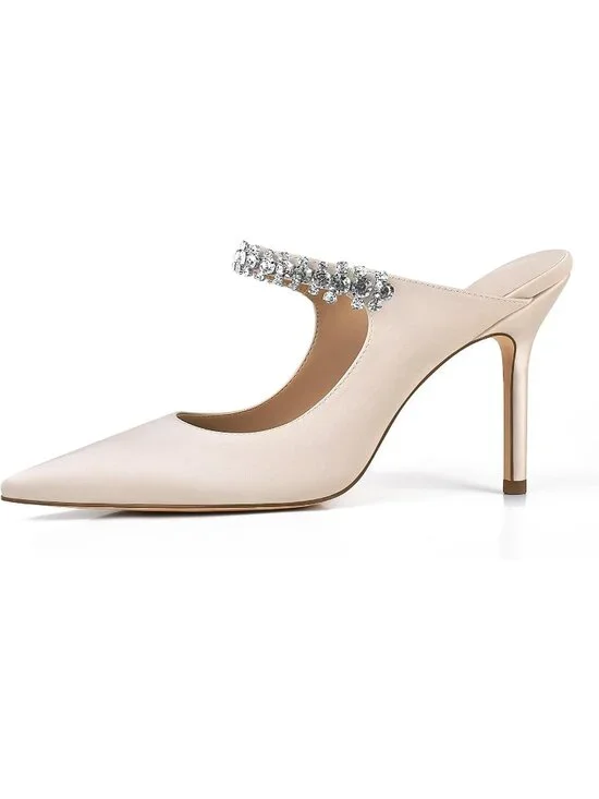 Women's Satin-Nude Rhinestone Heels Pointed Toe Slip On 4