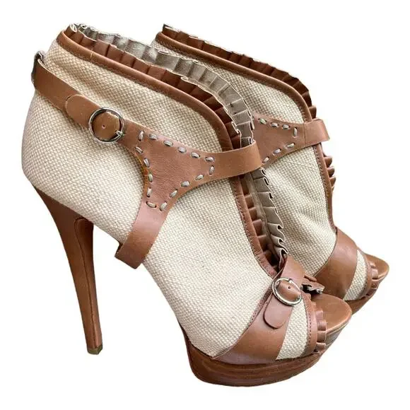 Velvet Angels Womens Platform Peep Toe Tan Leather Woven Pumps Sz 37.5 EU 6.5 US