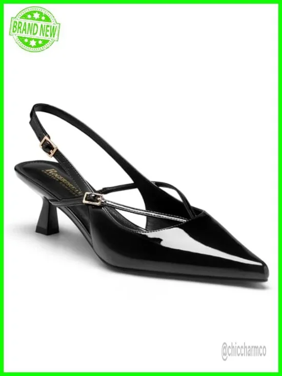 Women's Kitten Heel Slingback Pumps Patent Vegan Leather 2 Inch Pointed Toe