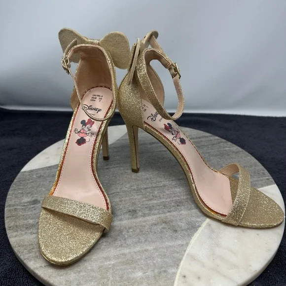 Primark Disney Minnie Mouse Gold Glitter Heels 7 Bow Ankle Strap Sandals Sparkly