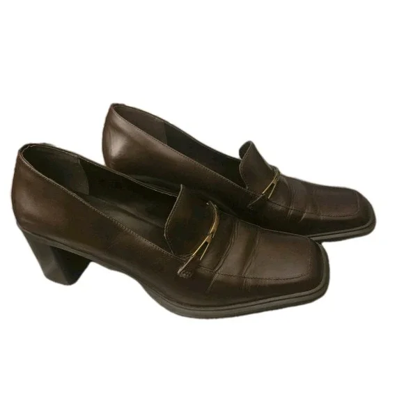Danelle Womens Brown‎ Leather Loafer Pumps Size 10M Block Heel Comfort Shoes