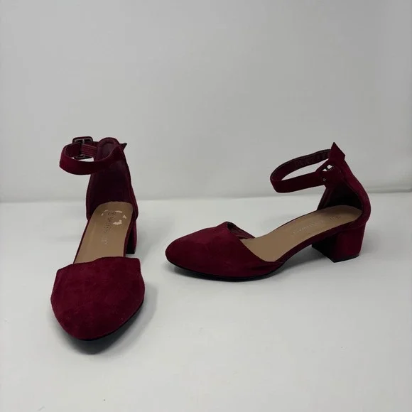 Ashley Stewart‎ Heels Women 10W Burgundy Vegan Suede Ankle Strap Block Heel