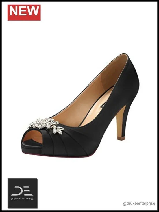 Women's Rhinestone Satin Peep Toe Mid Heel Pumps