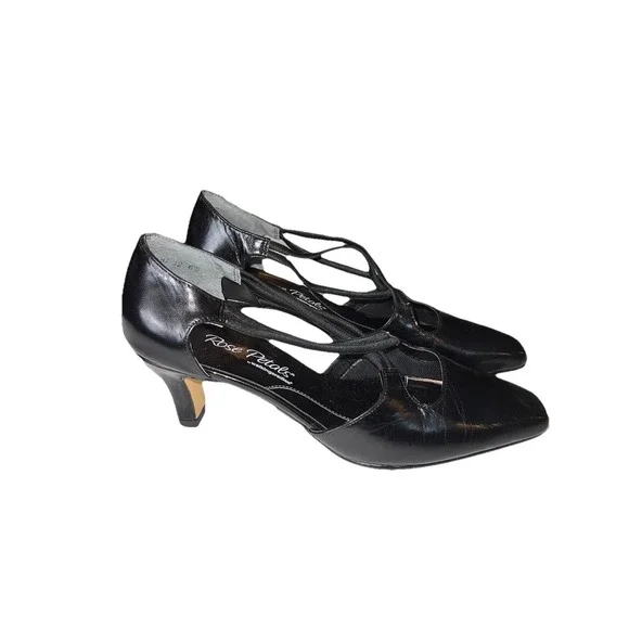 Rose Petals‎ Black Leather Strappy Heels Size 6M EUC Vintage Aesthetic Pumps