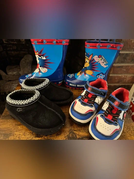 Set of 3 pairs-UGG Black Kids Slip-On Cozy Indoor Slippers, rain boots and other