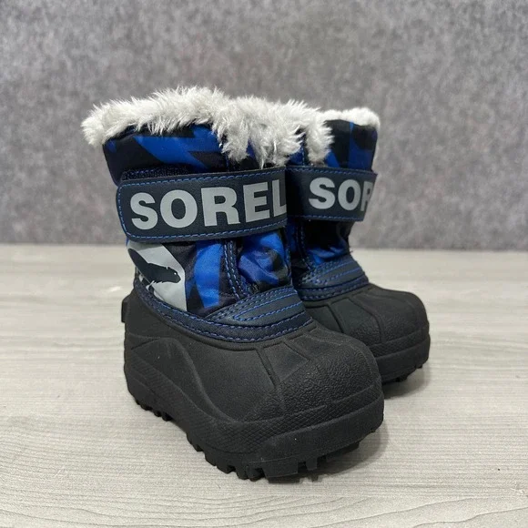 Sorel‎ Snow Commander Boots Kids Size 5 Blue Camo Faux Fur Winter Snow Boots