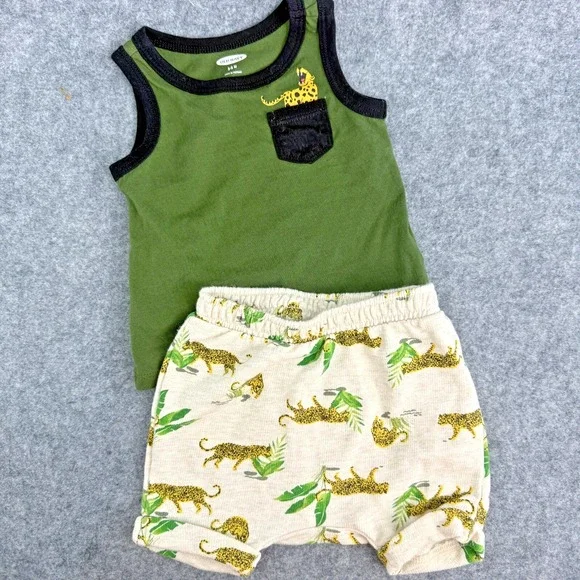Old Navy Shorts‎ & Tank Top Set Baby Boy 3-6 Months Green Leopard Summer Spring
