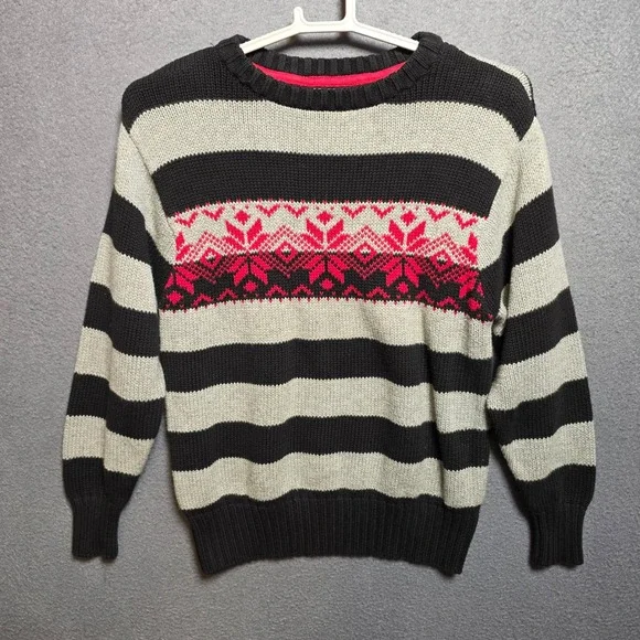 Old Navy Kids Boys Small Gray Black Striped Fair Isle Cotton Knit Sweater
