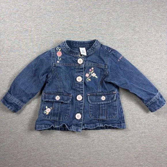 Old Navy Denim Jacket 12-18 Months y2k Floral Embroidered Blue Jean Coat