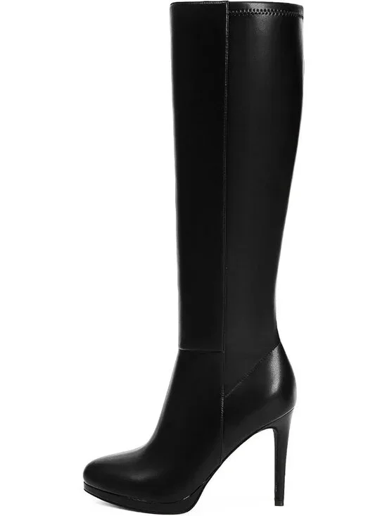 Women's Black Pu2 Round Toe Stiletto Heels Fall Tall Platforms Boots Side Zipper
