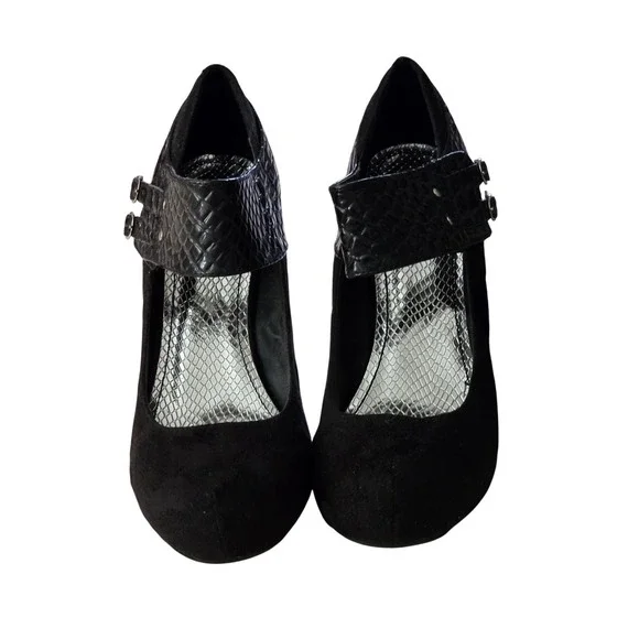 Bamboo Black Faux‎ Suede Snakeskin Platform Pumps Double Buckle Heels 10M 40